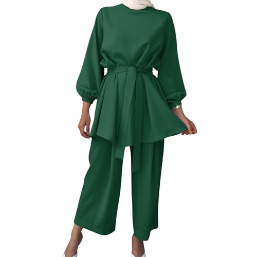 IWEMEK Abayas for Women Muslim Long Sleeve Loose Top Pants 2 Pcs Eid Ramadan Outfits Casual Islamic Muslim Clothes with Belt - color: Dark Green, size: Small