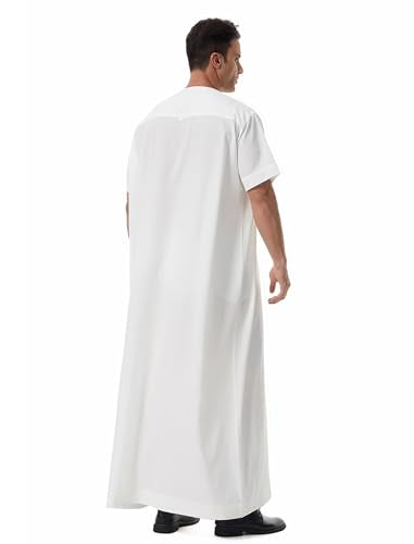 Muslim Men Abaya Short Sleeve Kaftan Islamic Arab Robe Men Dishdasha Zipper Robe Ethnic Clothes Dubai Travel Thobe - color: White, size: X-Large
