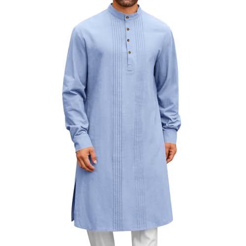 Men's Long Sleeve Stand Collar Kaftan Thobe Button Down Henley Robe Casual Side Slit Front Pleated Gown Shirt Tops - color: Light Blue, size: X-Large