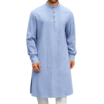 Men's Long Sleeve Stand Collar Kaftan Thobe Button Down Henley Robe Casual Side Slit Front Pleated Gown Shirt Tops - color: Light Blue, size: Medium