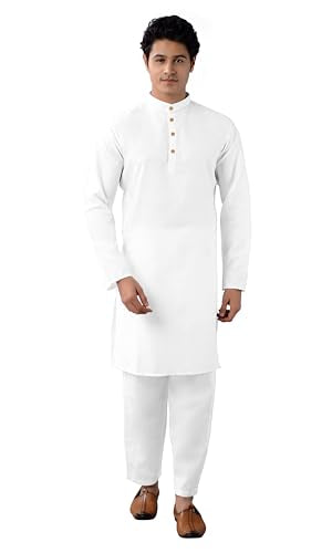 Chandrakala Men's Tunic Cotton Kurta Pajama Set Indian Casual Yoga Dress (MK101) - color: White-112, size: XX-Large