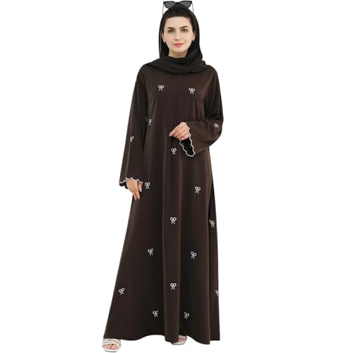 Abaya Dress for Muslim Women Bow Front Zipper Side Pockets Ramadan Eid Robe - color: Coffee, size: Small