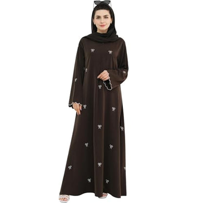 Abaya Dress for Muslim Women Bow Front Zipper Side Pockets Ramadan Eid Robe - color: Coffee, size: Small