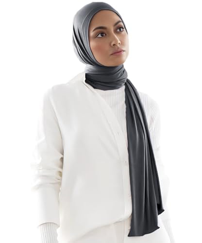 Harewom Muslim Hijab for Women Soft Stretch Headscarf Large Plain Turban Wrap Shawl Head Wrap for Everyday Wear - color: Dark Grey Hijab Headscarf
