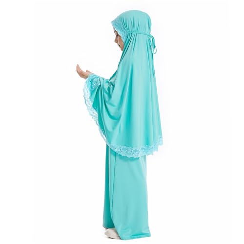 Girls Abaya Muslim Prayer Dress 2 Piece Maxi Sleeve Full Cover Lace Hijab Kaftan Tops Long Skirt Kids Soft Elastic - color: Green, size: 11-12 Years