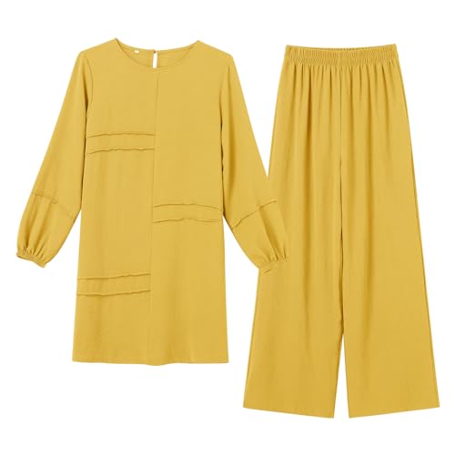Abayas Dress For Women Muslim Long Sleeve Loose Top Pants 2 Pcs Dubai Islamic Muslim Women Matching Sets - color: Yellow Cc, size: Medium