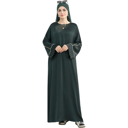 Muslim Praying Dress for Women Silk Glossy Back Zipper Robe Wear Gold Trim Modest Abaya Dress with Hijab - color: Army Green, size: Small