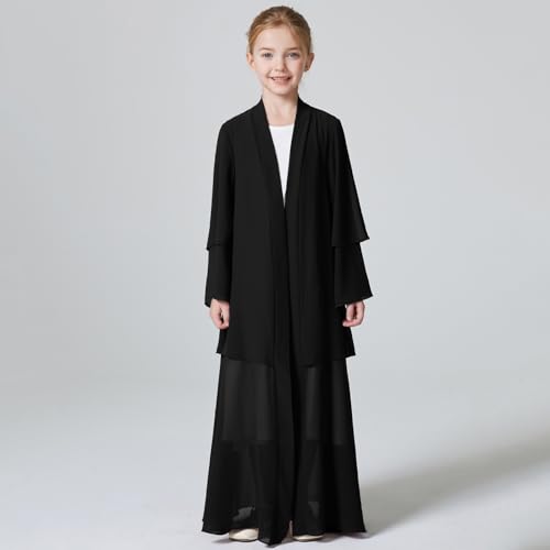 Kids Abaya Dress for Girls Muslim Dress with Hijab Chiffon Layered Open Front Cardigan Ramadan Eid Kaftans Dubai Outfit - color: Black, size: 7-8 Years