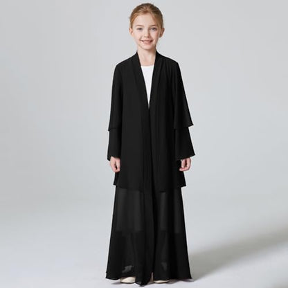 Kids Abaya Dress for Girls Muslim Dress with Hijab Chiffon Layered Open Front Cardigan Ramadan Eid Kaftans Dubai Outfit - color: Black, size: 9-10 Years