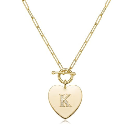 14K Gold Filled Heart Initial Necklace for Women, Dainty Alphabet Pendant Necklace with Paperclip Chain, Hypoallergenic Jewelry Gift for Her - color: Letter K