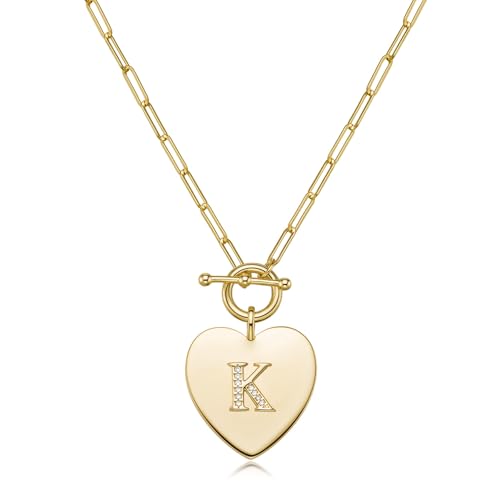 14K Gold Filled Heart Initial Necklace for Women, Dainty Alphabet Pendant Necklace with Paperclip Chain, Hypoallergenic Jewelry Gift for Her - color: Letter K