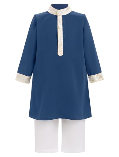 IWEMEK 2PCS Baby 1st Ramadan Outfit Muslim Clothes for Baby Boys Thobe Eid Robe Pants Set Toddler Kaftan Islamic Prayer Abaya - color: Navy Blue, size: 6-12 Months