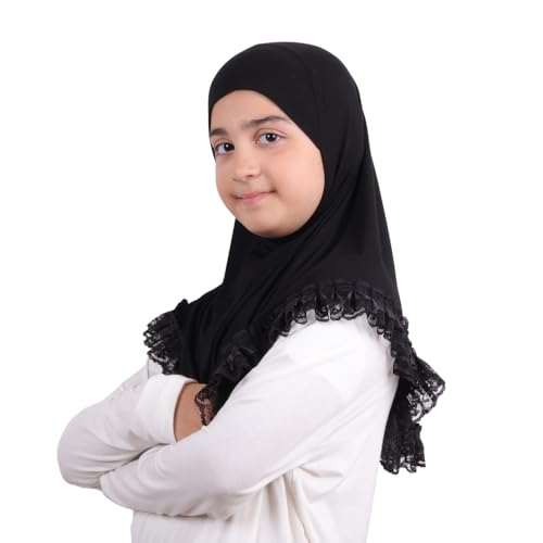 MuLanLegend Cotton Lace Hijab | Princess Nur | Girls Kids Instant Slip-on Scarf Sarong | Ligthweight and Comfortable - color: Black