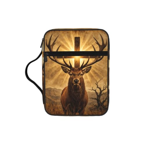Cross Hunting Deer Bible Cover Case with Handle and Zippered Pocket - color: Cross Hunting Deer