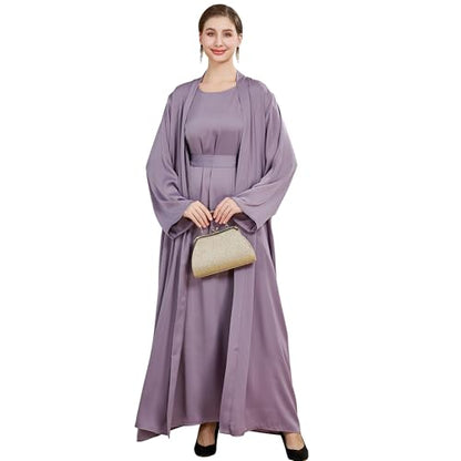 Islamic Abaya Dress for Women Muslim Maxi Abayas 2pcs Silky Fashion Dress Set Daily Kaftan Jilbab Outfit Women Eid Robe - color: Purplea, size: X-Large