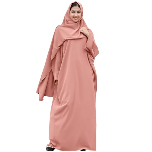 IDOPIP Abayas for Women Muslim Dress with Hijab, One-Piece Long Sleeve Islamic Prayer Dress with Khimar Jilbab Kaftan Clothes - color: Pink + Hijab