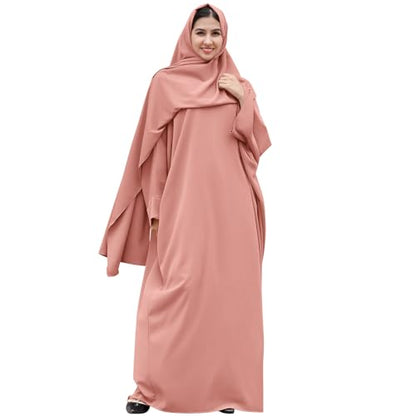 IDOPIP Abayas for Women Muslim Dress with Hijab, One-Piece Long Sleeve Islamic Prayer Dress with Khimar Jilbab Kaftan Clothes - color: Pink + Hijab