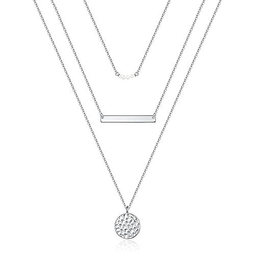 Turandoss Dainty Layered Choker Necklace, Handmade Y Pendant Necklace Multilayer Bar Disc Necklace Adjustable Layering Choker Necklaces for Women - style: 3PCS Silver - simulated Pearls&Bar&Hammered Disc