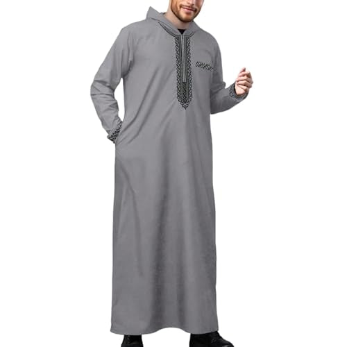 Mens Kaftan Thobe Side Split Long Sleeve Zipped Caftan Cotton Linen Hoodie Muslim Gown Casual Arabic Robe Kurta Tops - color: Grey, size: Large