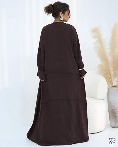 Abaya Muslim Prayer Dress Set Ramadan Open Front Islamic Clothing 3pcs Prayer Robe with Waist Apron Loose Flowy - color: Coffee, size: Small