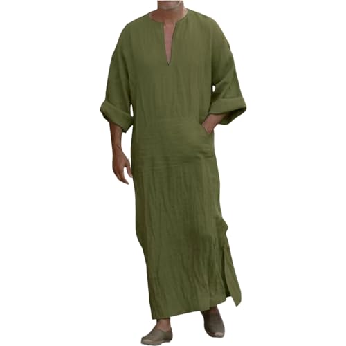 Muslim Robe Kaftan for Men Long Sleeve Solid V Neck Shirts Linen Kaftan Muslim Long Gown Side Split Ethnic Thobe Robe - color: Army Green, size: Small