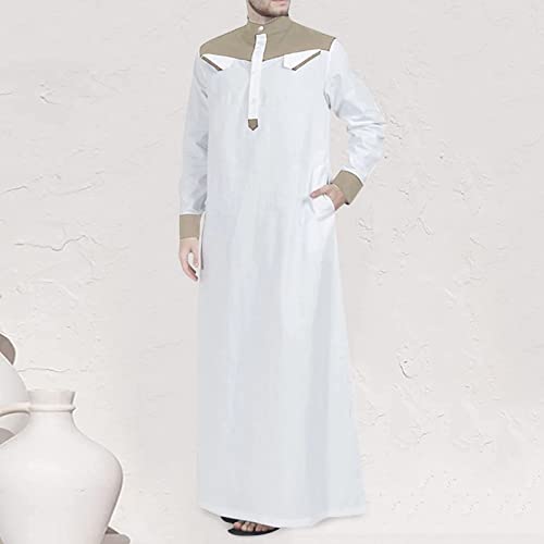 Men's Muslim Thobe Casual Islamic Long Sleeves Button Down Kaftan Arab Clothing Muslim Gown for Men - color: Khaki, size: Small