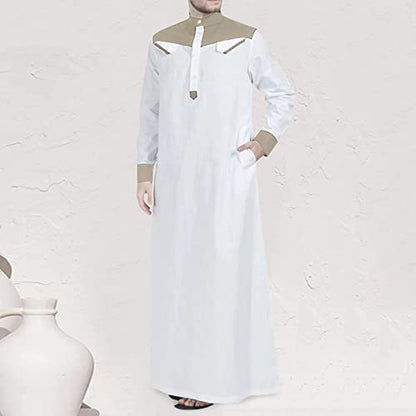 Men's Muslim Thobe Casual Islamic Long Sleeves Button Down Kaftan Arab Clothing Muslim Gown for Men - color: Khaki, size: Medium