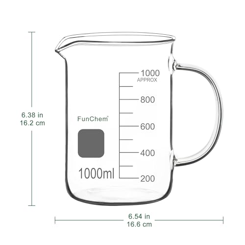 FunChem Glass Beaker with Handle, 1000 ml Borosilicate Glass Clear Graduated Low Form Griffin Beaker with Pouring Spout - size: 1000 ml