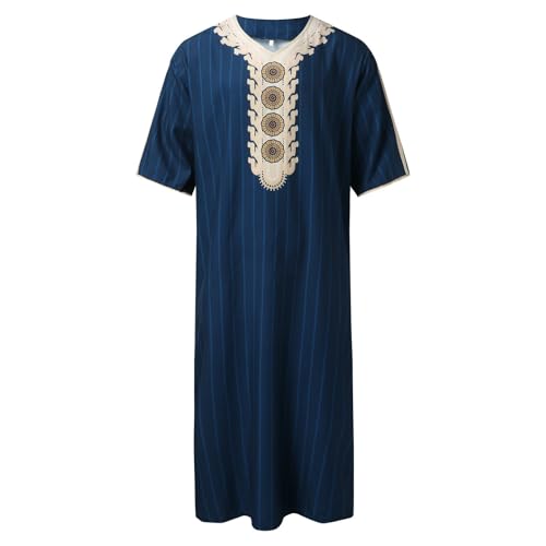 RTTUIOP Men's Muslim Clothes Lace Sleeves V-Neck Thobe Middle East Kaftan Saudi Arab Caftans Islamic Abaya Dress - color: 02-dark Blue, size: Medium