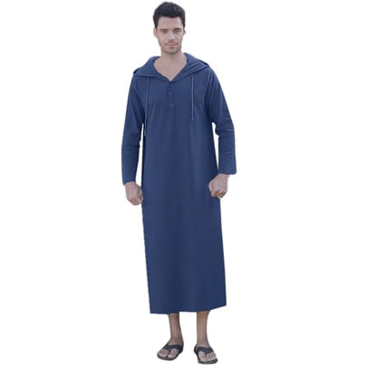 YAOHUOLE Long Sleeve Kaftan Thobe Button down Men Thobe with Pocket Big and Tall Kaftan Muslim Men Thobe - color: 02 Dark Blue, size: Large