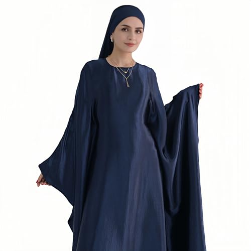Abaya Muslim Women Dress Satin Batwing Sleeve Kaftan Maxi Arabian Dubai Islamic Ramadan Prayer Dress with Hijab Scarf - color: Navy