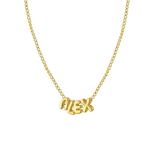 Ldurian Personalized Bubble Name Necklace, Tiny Name Plate Pendant Necklace, 14K Gold Plated Charm Cute Pre-made Jewelry for Women - size: 15 Alex