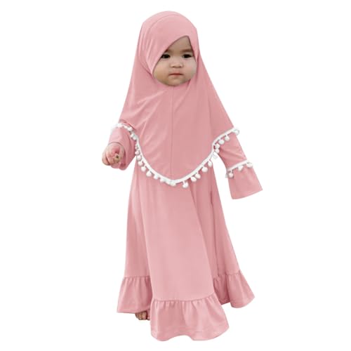 IWEMEK Infant Baby Girl Prayer Dress Kids Muslim Clothes for Toddler Girls Abaya with Hijab Ruffle Islamic Eid Ramadan Outfit - color: Pink, size: 2-3 Years