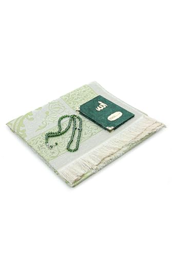 ihvan online Taffeta Fabric Muslim Prayer Rug, Velvet Covered Yaseen Surah Pocket Size Book, Prayer Beads Set with Kraft Boxed, Dowry Box for Men & Women, Islamic Ramadan Eid & Wedding Gifts, Green - color: Green