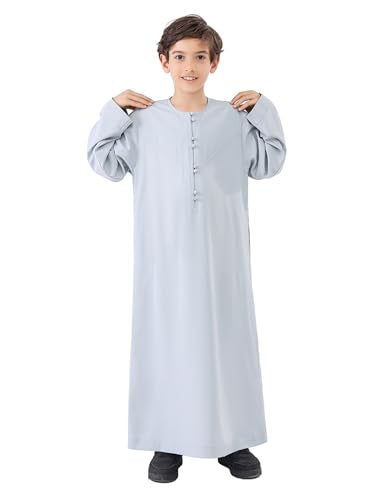 OBEEII Boy's Muslim Thobe Arab Long Sleeve Abaya Kaftan Robe Eid Ramadan Islamic Middle East Dubai Prayer Dress with Pockets - color: Gray, size: 5-6 Years