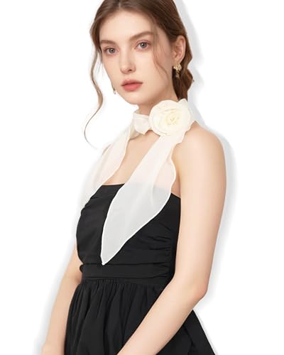 Chiffon Scarf for Women, Removable Flower Neck Scarf Light Soft Fashion Rose Scarves Versatile Headband or Hair Band - color: Cream