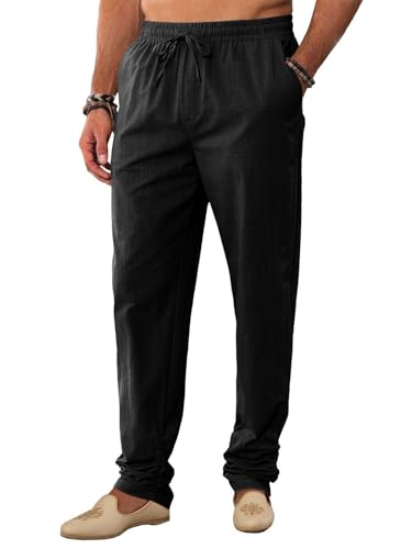 Runcati Mens Kaftan Thobe Pants Cotton Casual Elastic Waist Drawstring Muslim Trousers Summer Yoga Kurta Pants with Pockets - color: Black, size: Large