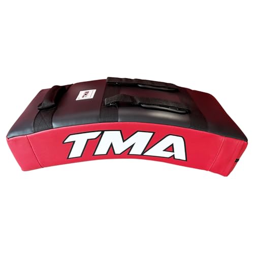 TMA Kick Shield Muay Thai Kickboxing, Heavy Curved Kicking Striking Body Pad, Target MMA Boxing Training, Kickboxing Body Shield, 3 Padded Handles, Karate Kicking Pads, Sparring Sheild - color: Black/Red