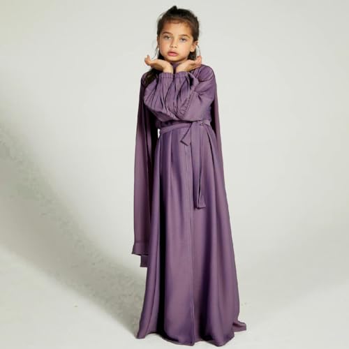 Kids Girls Muslim Abaya Long Sleeve Snap Front Maxi Dress with Belt Robe Kimono Dubai Hijab Dress - color: Purple B, size: 5-6 Years