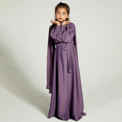 Kids Girls Muslim Abaya Long Sleeve Snap Front Maxi Dress with Belt Robe Kimono Dubai Hijab Dress - color: Purple B, size: 5-6 Years