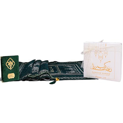 IEF Personalized Embroidered Prayer Rug Prayer Beads Yaseen Dua Book Quran Islamic Gift Set Ramadan Eid Hajj Umrah Wedding Birthday Mother's Day Father's Day Valentine's Day Gifts (Green) - color: Green