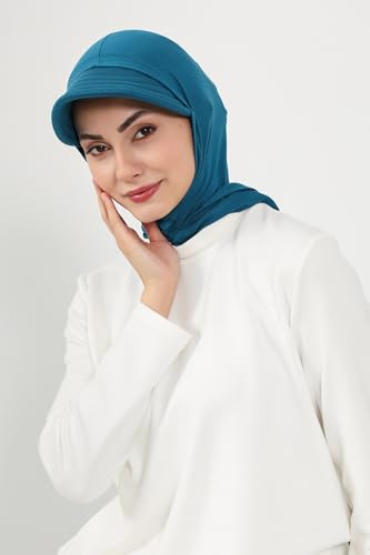 Aisha's Design Full Coverage Cotton Bonnet Hijab with Visor Modest Underscarf Bonnet - color: Petrol