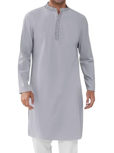 Runcati Mens Cotton Kaftan Robe Long Sleeve Button Down Henley Shirts Thobe Casual Side Split Gown Shirt - color: Gray, size: Medium