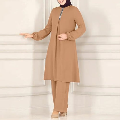 Abayas Dress For Women Muslim Long Sleeve Loose Top Pants 2 Pcs Dubai Islamic Muslim Women Matching Sets - color: Khaki B, size: Medium