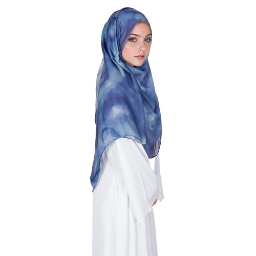 Printed Hijab for Women Printing Hijab Scarf for Women Muslim Islamic Prayer Clothes 1pc Muslim Women's Khimar - color: Misty Ocean Blue