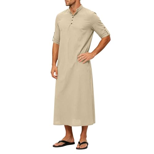 Men's Linen Kaftan Robe Button Down Long Sleeve Henley Collar Cotton Thobe Casual Loose Fit Stylish Gown Shirts - color: Khaki, size: Medium