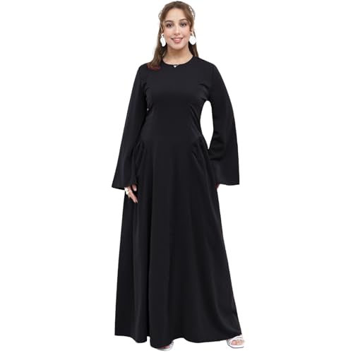 Muslim Abaya Dress for Women Smooth Back Zipper Belt Daily Prayer Eid Dress - color: Black, size: Small