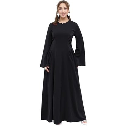 Muslim Abaya Dress for Women Smooth Back Zipper Belt Daily Prayer Eid Dress - color: Black, size: Large