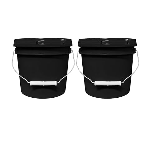 1-Gallon Bucket with Airtight Lid – Made in USA, Food Grade BPA Free Plastic, Heavy Duty Multi-Use, Metal Handle with Grip, Stackable Storage – Black, 2 Pack - color: Black, size: 2