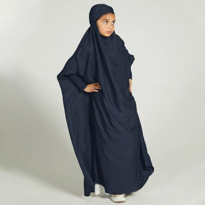 ODIZLI Muslim One Piece Prayer Hijab Dress Women Hooded Abaya Full Cover Islam Dubai Modest Robe - color: Dark Blue Kids, size: 6-7 Years